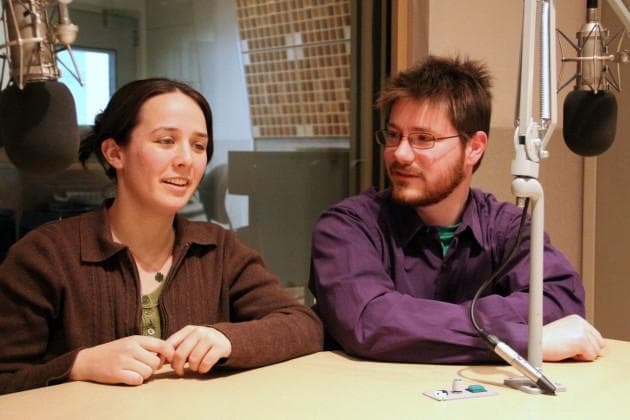 Rachel DePalma and Evan Storer shared their story Thursday of being in Japan during the earthquake and in the days following, and of their journey getting back home to Massachusetts. (Kirk Carapezza for WBUR)