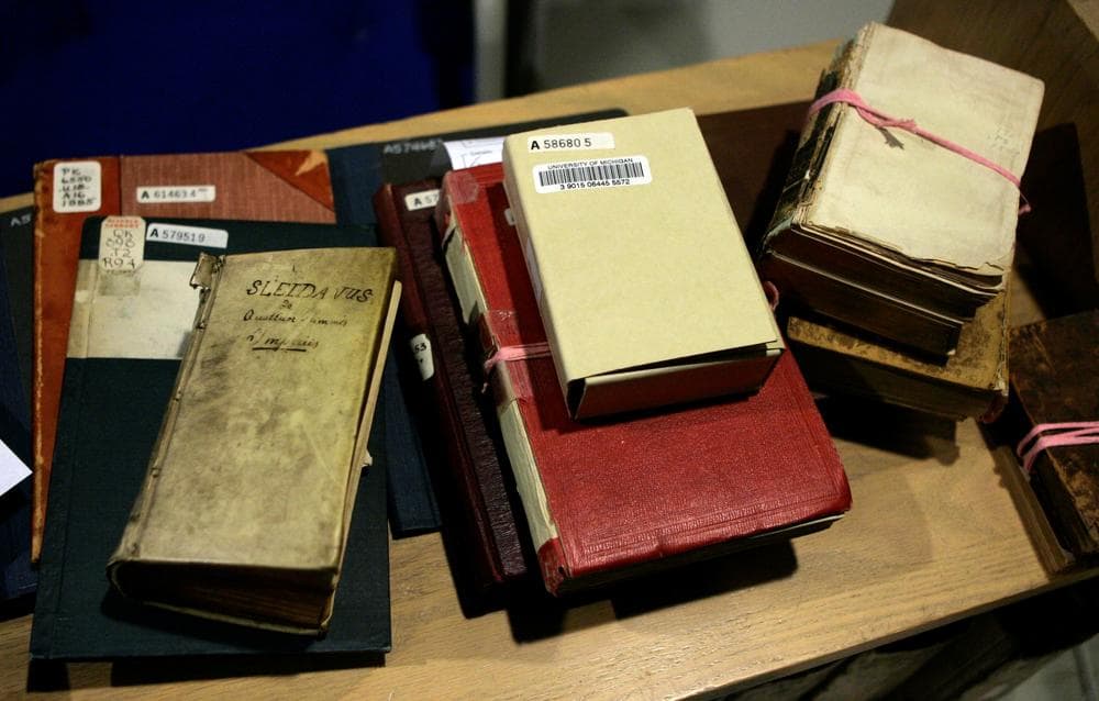 Rare fragile books are seen on a cart ready to be scanned in Ann Arbor, Mich.. Librarians from Minnesota to England are helping Google Inc.'s Book Search create digital versions of all the estimated 50 million to 100 million books in the world and make them readily available online for free for people everywhere. (AP)