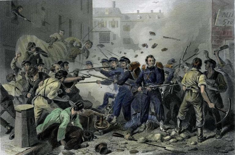 "Massachusetts Militia Passing Through Baltimore (Baltimore Riot of 1861)," engraving of F.F. Walker, 1861. (Commons)