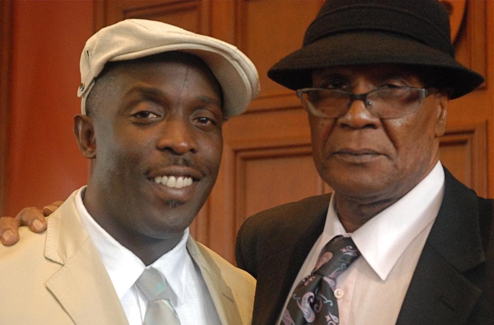 Actor Michael Williams, who played the character Omar Little in HBO's "The Wire," with the real life inspiration for the character, Donnie Andrews. (Anna Miller/Here &amp; Now)