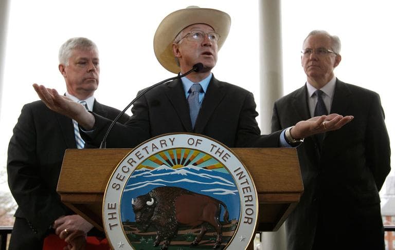 U.S. Interior Secretary Kenneth Salazar speaks during a news conference on Cape Wind in Boston on Tuesday. At left is Massachusetts Secretary of Energy and Environmental Affairs Richard Sullivan and Cape Wind Associates Vice President Dennis Duffy is at right. (AP) 