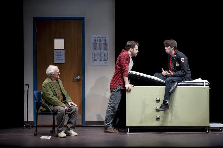 From left,Yusef Bulos (Bill), Kelsey Kurz (Joseph) and Dan McCabe (Charles) in "Sons of the Prophet," playing now through May 1 (Courtesy of Paul Marotta/Huntington Theatre)