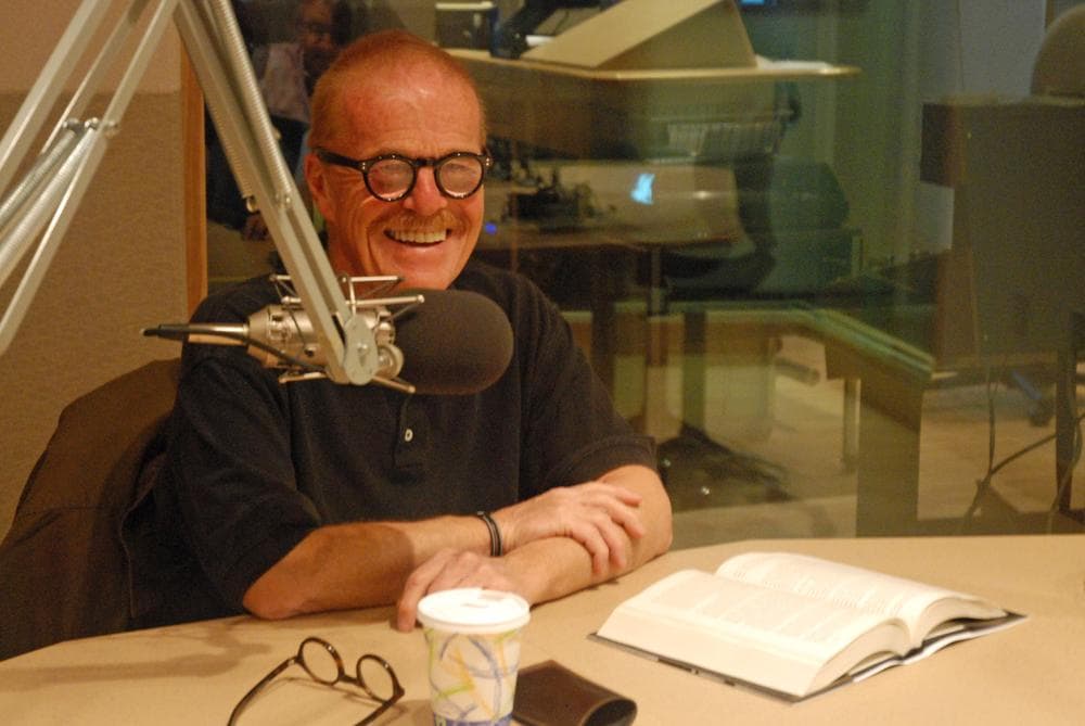 Author Leigh Montville talks with Bill Littlefield in the Only A Game studio.  (Karen Given/WBUR)
