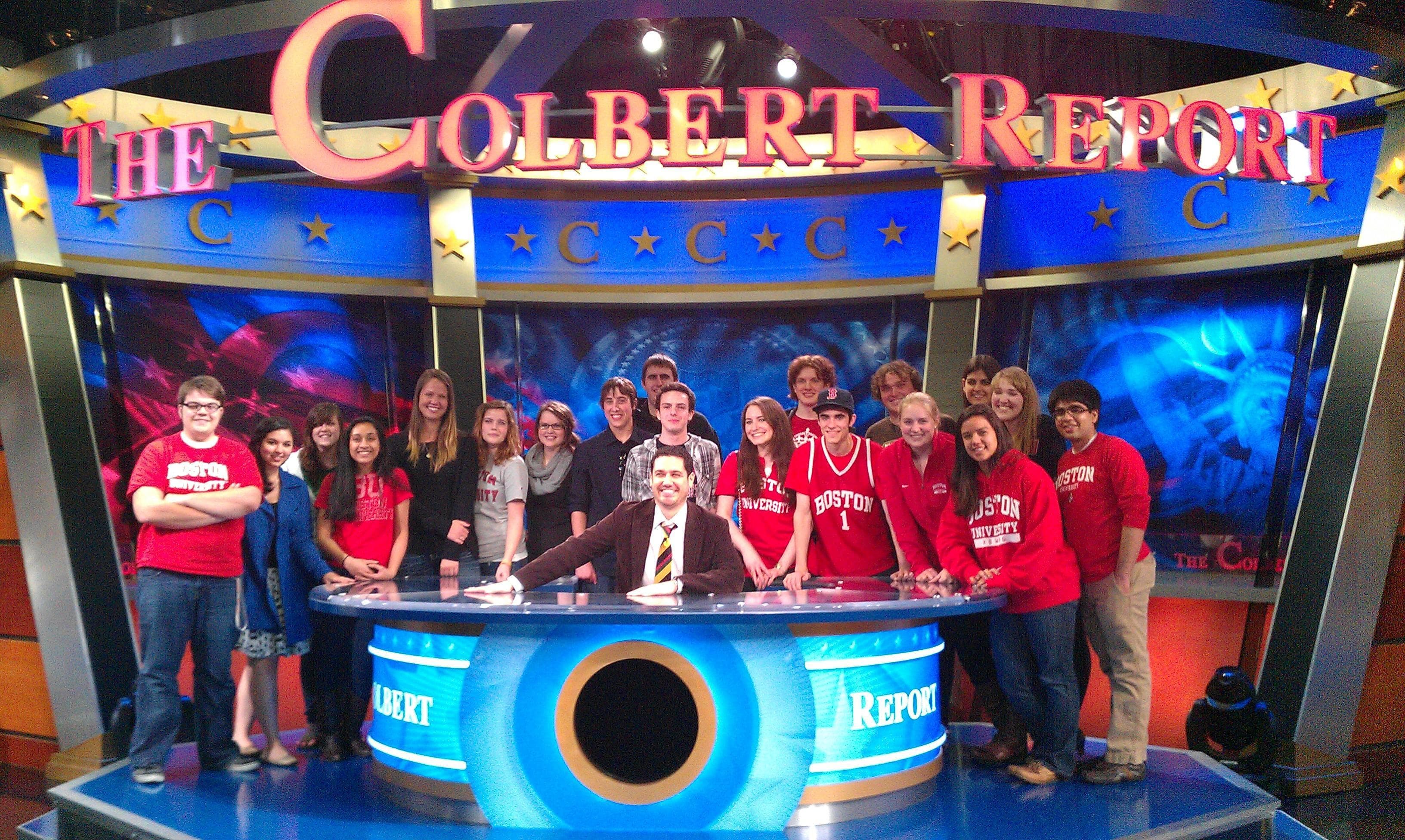 Boston University Prof. Michael Rodriguez, seated, and his class at a recent taping of "The Colbert Report" (Courtesy)