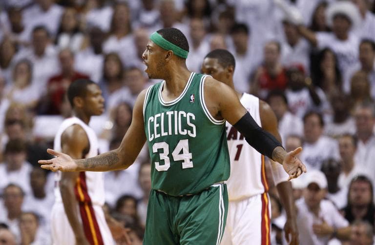 Celtics' Paul Pierce reacts after fouling a Miami Heat player during Game 5 of a second-round NBA playoff basketball series in Miami, Wednesday. (AP)