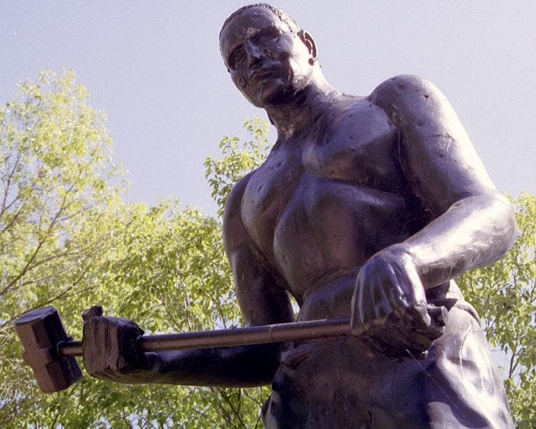 This statue of John Henry stands above the Big Bend tunnel in Talcott, W.V., on the C&amp;O railroad where many believe the man vs. machine competition originally took place. (Creative Commons)