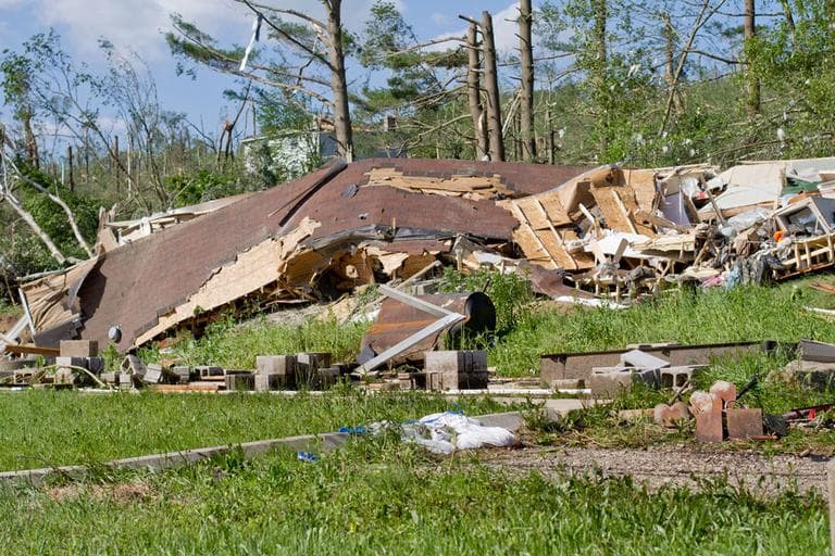 A completely flattened house on Hollow Road in Brimfield (Jesse Costa/WBUR)