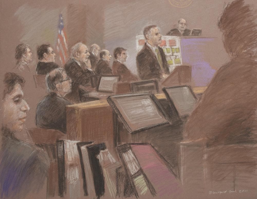 Prosecutor Anthony Fuller addresses jurors in closing arguments, Friday. (Margaret Small for WBUR)