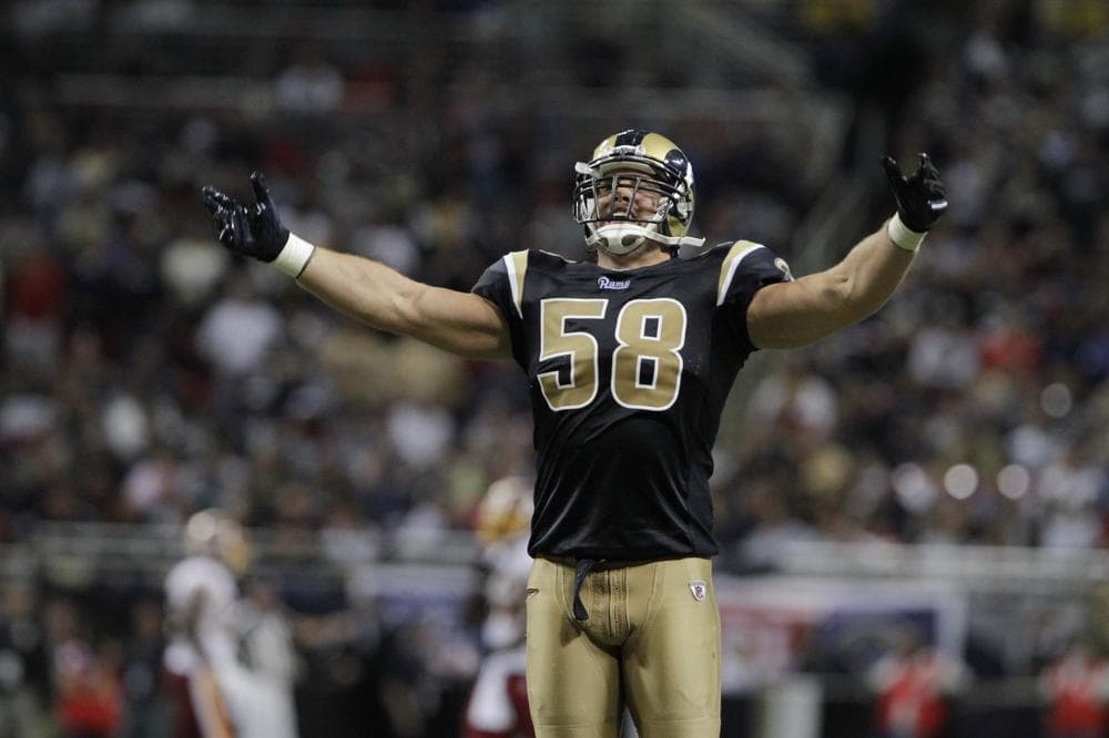 St. Louis Rams linebacker David Vobora works up the crowd in September 2010. Last week, a federal judge awarded him $5.4 million in a lawsuit over tainted supplements. (AP)