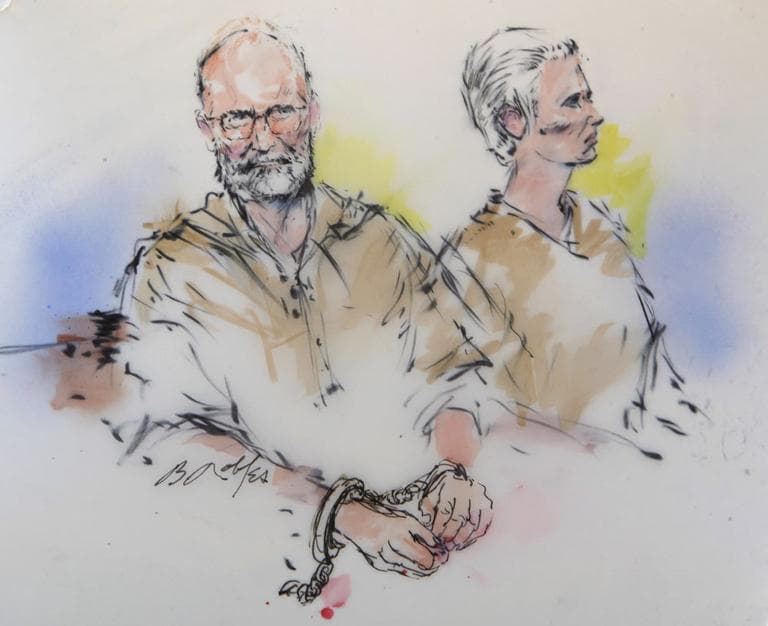 In this courtroom sketch, Bulger and Grieg are shown during their arraignment in Los Angeles. (AP)