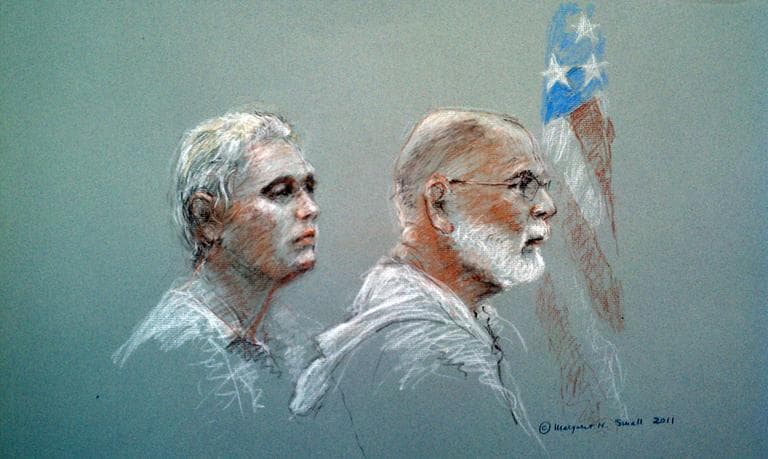 Courtroom sketch of James "Whitey" Bulger, right, and his attorney, Peter Krupp, on Friday in U.S. District Court in Boston (Margaret Small for WBUR)
