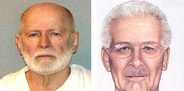 James "Whitey" Bulger's booking photo obtained by WBUR, left, with an age enhanced image from an FBI wanted poster (Composite Jeremy Bernfeld for WBUR)