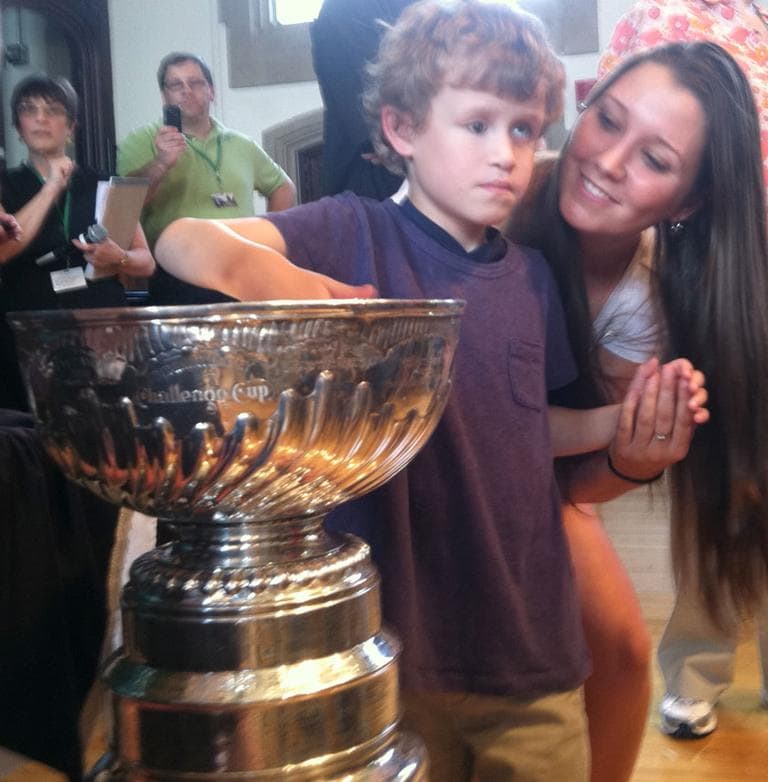 The Stanley Cup, at the Perkins School for the Blind in Watertown Thursday (Steve Brown/WBUR)