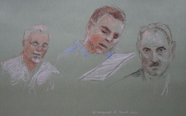 Victims' relatives, from left, Stephen Davis, Tom Donahue and Chris McIntyre read statements during Catherine Greig's bail hearing Wednesday in Boston court. (Margaret Small for WBUR)
