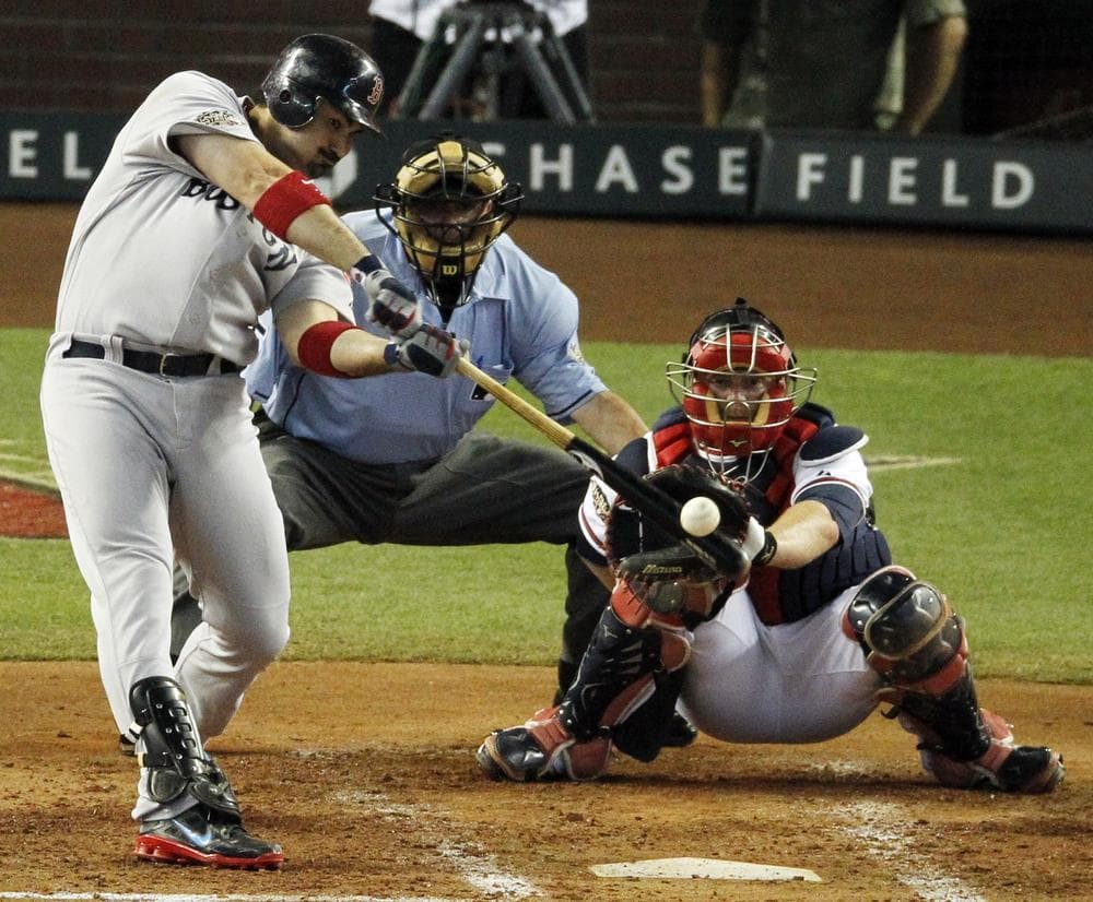 Red Sox first basemen Adrian Gonzalez hits a solo home run during the fourth inning of the All-Star game on Tuesday in Phoenix. (AP))