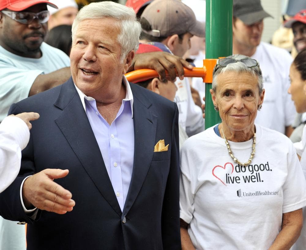 Robert and Myra Kraft at the opening of a playground for a Boys and Girls Club in Waltham, Mass. in October 2010. Myra Kraft died today at the age of 68. (AP)