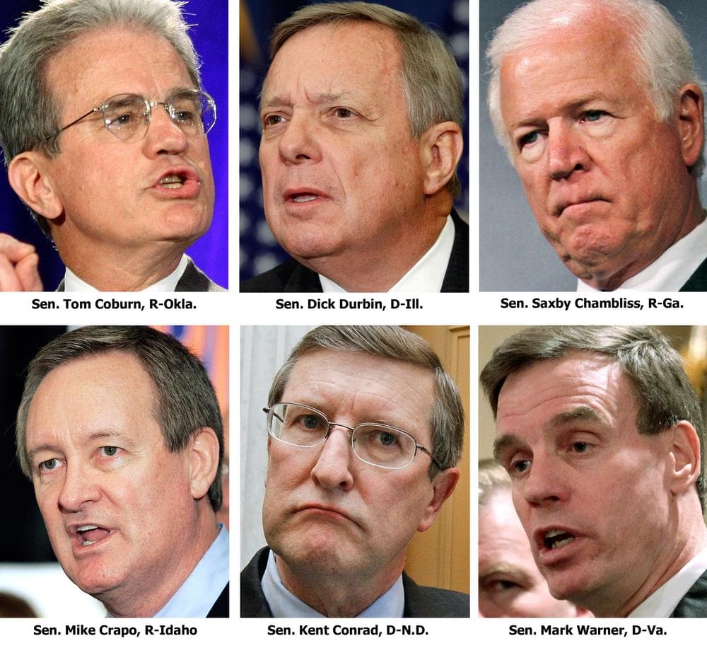 Tom Coburn, R-Okla., Sen. Dick Durbin, D-Ill., Sen. Saxby Chambliss, R-Ga., Sen. Mark Warner, D-Va., Sen. Kent Conrad, D-N.D., and Sen. Mike Crapo, R-Idaho. (AP) 