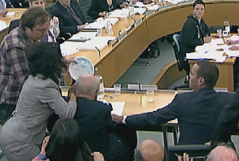 A screen capture from Sky News video of the pie attack. (Sky News/Youtube)