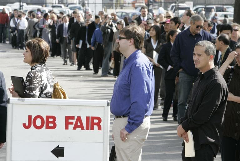 Hundreds of people wait in line to get into a job fair presented by Jobs and Careers Newspaper and Job Fairs in San Mateo, Calif. (AP)