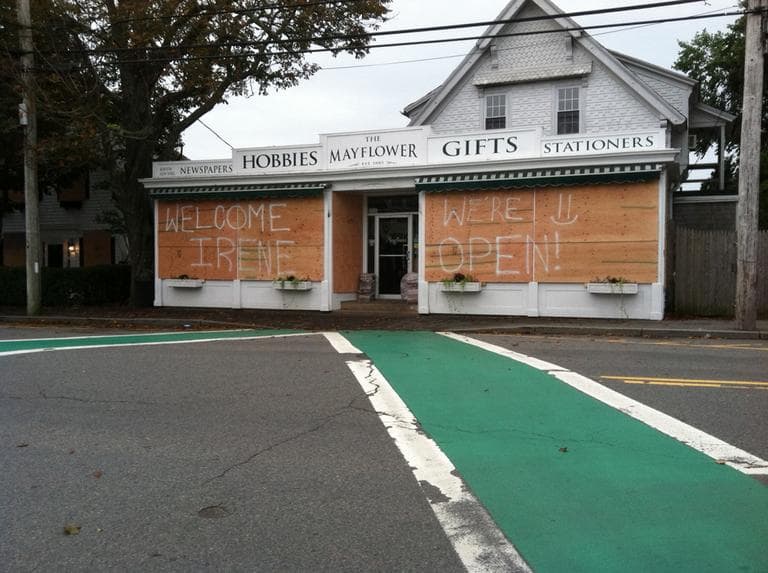 The Mayflower Shop in Chatham was boarded up &mdash; but not closed &mdash; before Tropical Storm Irene's arrival in Massachusetts in August 2011. (Fred Thys/WBUR)