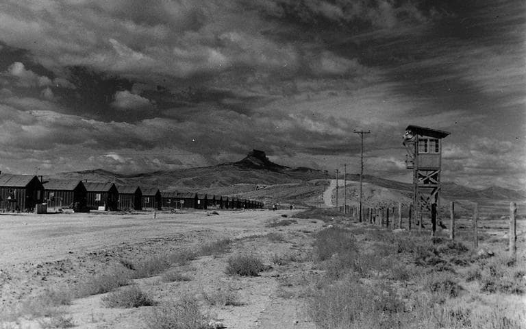 A Japanese internment camp guard tower at Heart Mountain.  (National Archives)