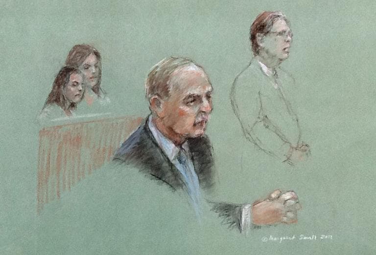 Former Speaker Salvatore DiMasi, center, as his sentence is handed down (Margaret Small for WBUR)