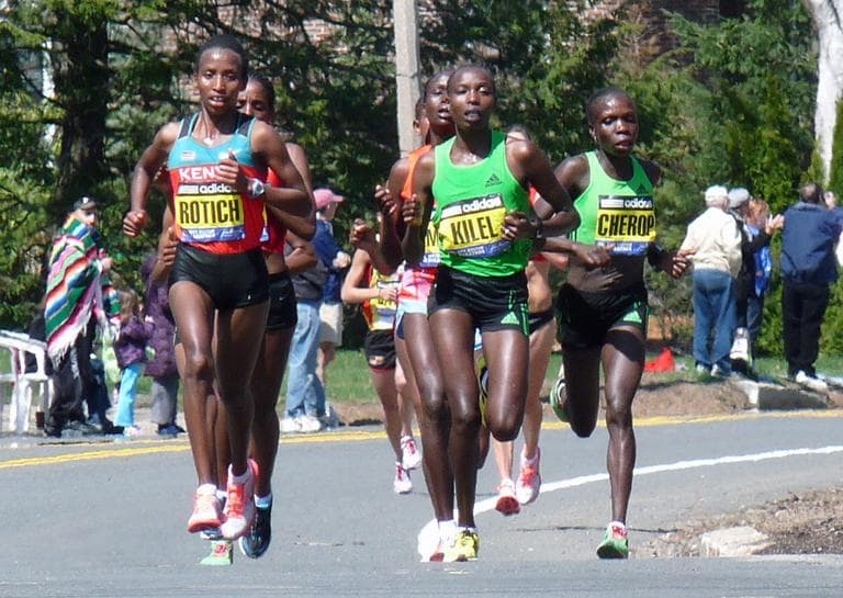 Eventual winner Caroline Kilel leads the elite women runners through Newton in the 2011 Boston Marathon in April. (Lorianne DiSabato/Flickr)