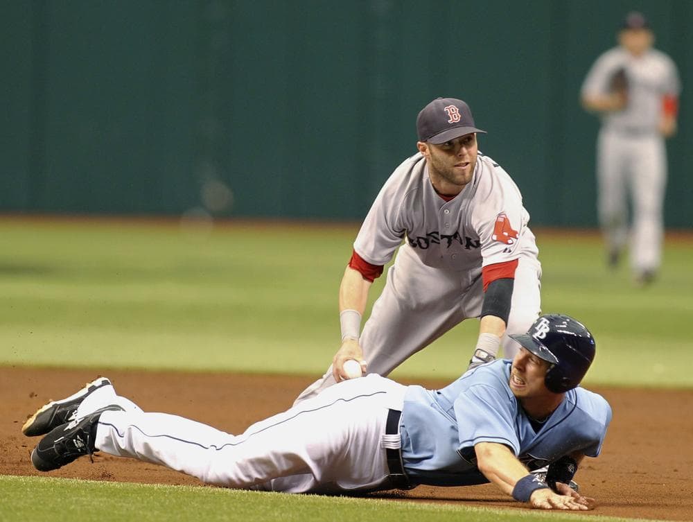 Boston's second baseman Dustin Pedroia tags out Tampa Bay's Ben Zobrist during the game on Sunday in St. Petersburg, Fla. (AP)