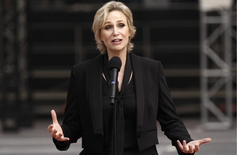 Actress Jane Lynch speaks before the rollout of the red carpet for the 63rd Primetime Emmy Awards in Los Angeles, Wednesday, Sept. 14, 2011.  (AP)