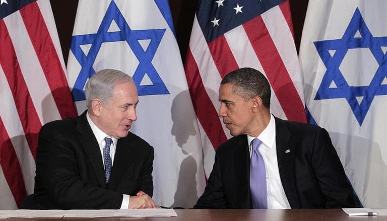 President Barack Obama shakes hands with Israeli Prime Minister Benjamin Netanyahu during their bilateral meeting at the UN Building on Wednesday. (AP)