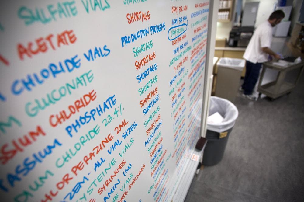 A board listing drugs in short supply at the University of Utah Hospital, in Salt Lake City. At hospitals across the country, "scoring drugs" has taken on a new meaning. Hundreds admit buying medicines at exorbitant prices from "gray market" dealers taking advantage of, and possibly exacerbating, a record shortage of life-saving prescription medicines.(AP)