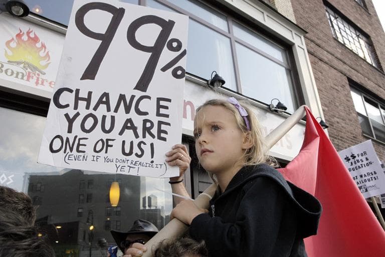 Luoisiana Harris, 7, from Brooklyn, joined the Occupy Wall Street protesters as they marching from their base in Zuccotti Park towards Washington Square, Saturday, Oct. 15, 2011. (AP)