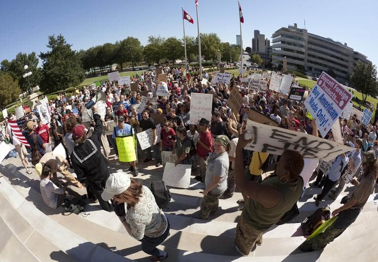 Protesters who sympathize with Occupy Wall Street gather at the state Capitol in Little Rock, Ark., Saturday, Oct. 15, 2011. (AP)