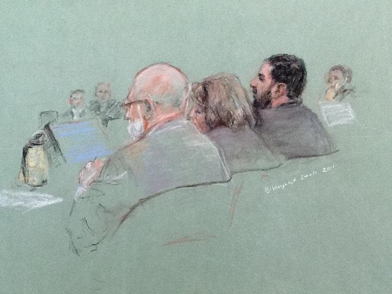 Tarek Mehanna, right, in court, Thursday (Margaret Small for WBUR)