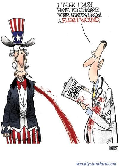 (Health Care Costs Gushing Out of Control/ Michael Ramirez Cartoon)