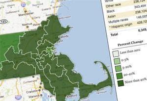 CLICK FOR INTERACTIVE MAP: Mass. congressional district population changes by race, 2000 - 2010.