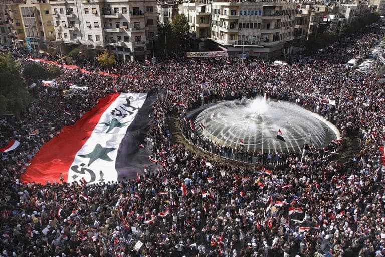 Pro-Syrian regime protesters, carry a giant Syrian flag during a demonstration against the Arab League decision to suspend Syria, in Damascus, Syria, on Sunday Nov. 13. (AP)