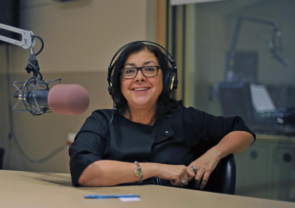 Professor Penelope Bitzas in the On Point studio. (Alex Kingsbury/WBUR)