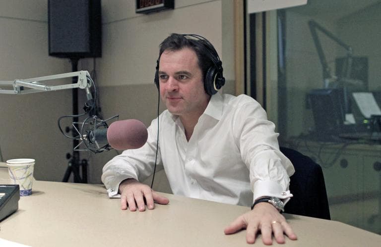 Niall Ferguson in the studio with On Point's Tom Ashbrook. (Alex Kingsbury/WBUR)
