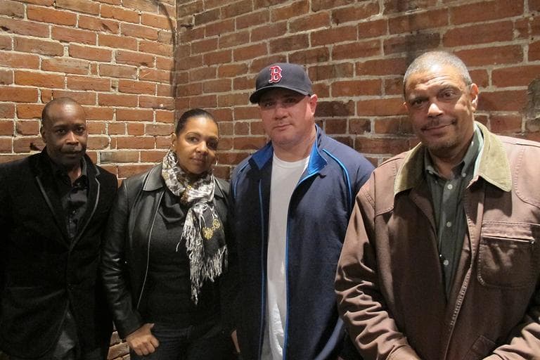 Actors from left to right: ex-offender Mark Gibson, ex-offender Latanya Jones, ex-offender Michael Yebba, Lonnie Famer (Andrea Shea/WBUR)