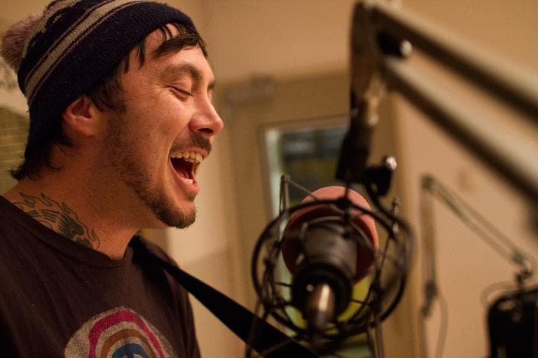 Rustic Overtones guitarist and lead vocalist Dave Gutter performs in the Radio Boston studio. (Jesse Costa/WBUR)