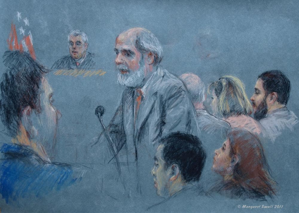 Assistant U.S. Attorney Jeffrey Auerhahn giving his closing arguments in the trial of Tarek Mehenna. Behind him are Jay Carney, Janice Bassil and Mehanna. Their two aides are front right. (Margaret Small)