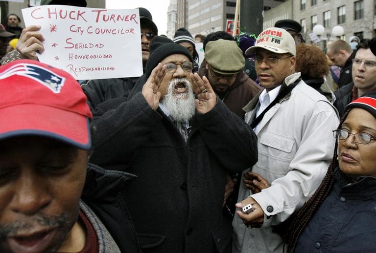 In this 2008 file photo, former Boston City Councilor Chuck Turner shouts after a news conference at Boston City Hall plaza. (AP)