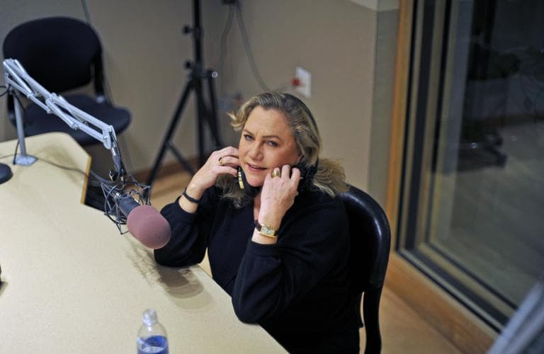 Kathleen Turner in the On Point studios. (Alex Kingsbury/WBUR)