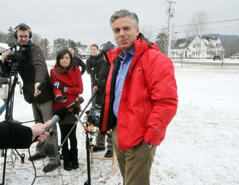 Republican presidential candidate, former Utah Gov. Jon Huntsman, talks to reporters on Saturday in North Haverhill, N.H. 
