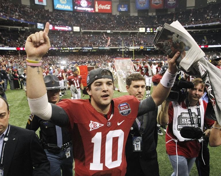 Alabama's AJ McCarron celebrates after the BCS National Championship college football game against LSU Monday. (AP)