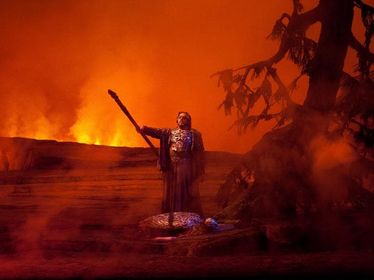 In this April 2, 2009, file photo provided by the Metropolitan Opera, veteran American bass James Morris as Wotan stands over Swedish soprano Irene Theorin as Bruennhilde during the final scene of Richard Wagner's "Die Walkuere" during the final dress rehearsal at the Metropolitan Opera in New York. (AP)