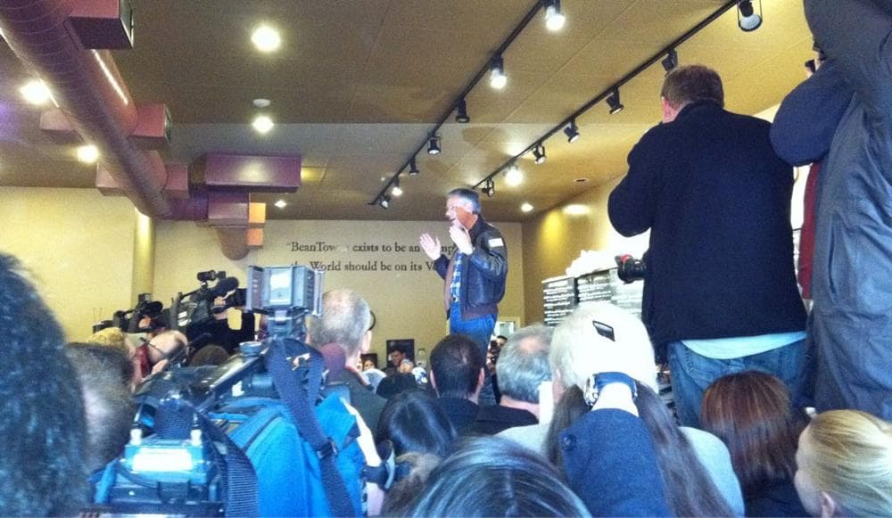 Jon Huntsman at a Hampstead coffeeshop Sunday (Monica Brady-Myerov/WBUR)