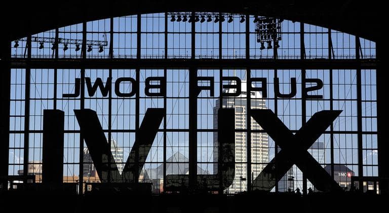 The Super Bowl logo decorates a window at Lucas Oil Stadium. (AP)