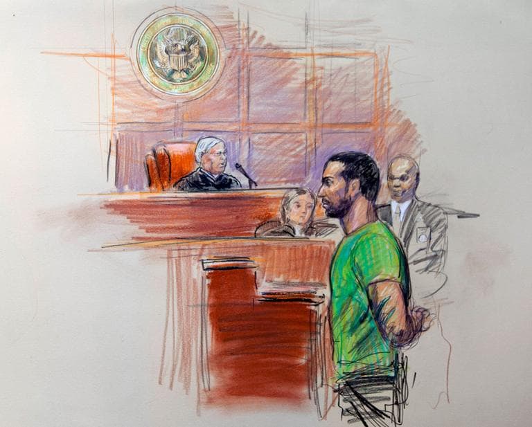 This artist rendering shows Amine El Khalifi before U.S. District Judge T. Rawles Jones Jr. in federal court on Friday. (Dana Verkouteren/AP) 
